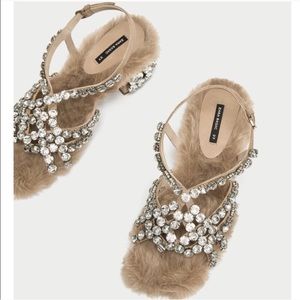 Zara Bejeweled Faux Fur Sandal